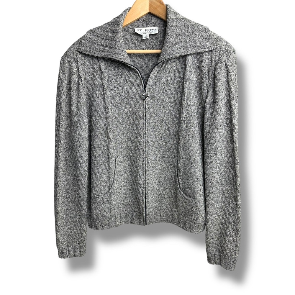St John Collection Women's Gray Knit Zip Up Jacket Sweater Size 14